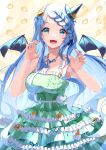  1girl :d absurdres bare_shoulders bat_hair_ornament bat_necklace blue_eyes blue_hair blue_nails breasts choker cowboy_shot dress fangs food-themed_hair_ornament frilled_dress frills green_dress hair_ornament hat highres indie_virtual_youtuber kokorone_hana lace lace_choker large_breasts long_hair looking_at_viewer mini_hat mini_witch_hat pumpkin_hair_ornament risumi_(taka-fallcherryblossom) skin_fangs smile solo spaghetti_strap very_long_hair witch_hat 