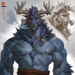  2021 abs anthro artist_name biceps biped blue_body blue_fur blue_hair body_hair bottomwear christmas clothed clothing digital_media_(artwork) facial_hair fur hair hi_res holidays horn krampus male muscular muscular_anthro muscular_male pecs shirtless simple_background solo taran_fiddler 