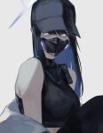  1girl bangs bare_shoulders black_hair blue_archive blue_eyes blue_hair breasts halo hat highres kawatiw long_hair looking_at_viewer mask mouth_mask multicolored_hair off_shoulder saori_(blue_archive) simple_background solo two-tone_hair 