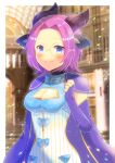  1girl animal_ears bangs blue_bow blue_eyes blurry blurry_background blush bow breasts cape cleavage cleavage_cutout closed_mouth clothing_cutout commentary_request commission depth_of_field dress elbow_gloves fingerless_gloves forehead glasses gloves hand_up kou_hiyoyo looking_at_viewer medium_breasts original parted_bangs pink_hair purple_cape purple_gloves round_eyewear skeb_commission smile solo striped striped_dress vertical-striped_dress vertical_stripes white_dress 
