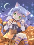  1girl animal_ears bangs black_bow blue_hair blush bow capelet cat_ears cat_girl cat_tail claw_pose collarbone commentary_request crescent_moon fang feet_out_of_frame frilled_capelet frills ghost green_eyes hair_between_eyes hair_ornament halloween hands_up highres jack-o&#039;-lantern jack-o&#039;-lantern_hair_ornament kemonomimi_mode kneehighs knees_together_feet_apart long_sleeves looking_at_viewer moon nanase_miori open_mouth orange_capelet orange_skirt original shirt sitting skirt sleeves_past_wrists socks solo striped striped_bow striped_socks tail twintails wavy_mouth white_shirt 