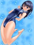  1girl air_bubble bangs barefoot black_hair blue_eyes blue_one-piece_swimsuit bubble competition_swimsuit full_body goggles goggles_around_neck gridman_universe highleg highleg_swimsuit highres long_hair one-piece_swimsuit solo ssss.gridman straight_hair swimsuit takarada_rikka yokareto_omotte 