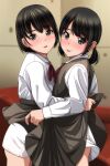  2girls :p absurdres bangs black_hair blurry blurry_background blush brown_eyes closed_mouth clothes_lift collared_shirt depth_of_field dress dress_lift from_side grey_dress grey_skirt highres indoors lifted_by_another long_sleeves looking_at_viewer looking_to_the_side low_twintails matsunaga_kouyou multiple_girls nose_blush original parted_lips shirt short_hair short_twintails skirt skirt_lift sleeveless sleeveless_dress smile teeth tongue tongue_out twintails upper_teeth white_shirt 