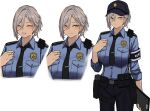  1girl 3_small_spiders absurdres bangs blush breasts dress gun handgun hat highres holding open_mouth original police police_hat police_uniform policewoman sheriff_badge short_hair simple_background smile solo uniform weapon white_background yellow_eyes 