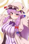  1girl bangs blue_bow blue_ribbon blush bow bowtie breasts closed_mouth commentary_request crescent crescent_hat_ornament dress hair_bow hat hat_ornament hat_ribbon highres large_breasts long_hair looking_at_viewer mob_cap namiki_(remiter00) outstretched_arm partial_commentary patchouli_knowledge purple_bow purple_bowtie purple_eyes purple_hair red_bow red_ribbon ribbon robe solo striped striped_dress touhou v very_long_hair wide_sleeves 