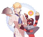  1boy apron ascot barbaracle blonde_hair blue_ascot blue_eyes closed_mouth hand_on_hip hand_up high_collar holding holding_tray jaho looking_down male_focus pokemon pokemon_(creature) pokemon_(game) pokemon_xy shiny shiny_hair shirt short_hair siebold_(pokemon) spoken_food tray white_shirt 