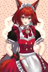  1girl alternate_costume animal_ears apron arknights blue_sealad bow enmaided flametail_(arknights) hands_on_hips highres maid maid_apron maid_headdress orange_eyes polka_dot polka_dot_background red_hair squirrel_ears squirrel_tail tail wrist_cuffs 