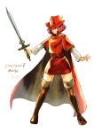  absurdres boots cape final_fantasy final_fantasy_v green_eyes hat highres holding holding_sword holding_weapon komugiko_no_mori lenna_charlotte_tycoon pink_hair red_cape red_footwear red_headwear red_mage short_hair sword thigh_boots weapon 