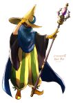  1boy absurdres baggy_pants black_mage butz_klauser cloak crescent_moon final_fantasy final_fantasy_v gloves highres holding holding_wand komugiko_no_mori moon pants purple_cloak square_enix striped striped_pants wand yellow_footwear yellow_gloves 