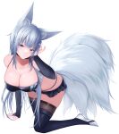  1girl all_fours animal_ears azur_lane bare_shoulders bent_over black_panties black_thighhighs blue_eyes blush breasts cleavage curious detached_sleeves fox_ears fox_girl fox_tail full_body hand_on_own_head hand_up high_heels highres kitsune kneeling koko_sokodoko large_breasts long_hair looking_at_viewer midriff miniskirt multiple_tails official_alternate_costume panties parted_lips pleated_skirt shinano_(azur_lane) shinano_(moonlit_chrome)_(azur_lane) skin_tight skirt solo staring tail thighhighs thighs underwear very_long_hair 