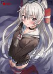  1girl amatsukaze_(kancolle) artist_name brown_dress brown_eyes clothes_pull commentary_request dated dress dress_pull garter_straps grey_hair grey_neckerchief hair_tubes hat highres kantai_collection lifebuoy_ornament long_hair looking_at_viewer mini_hat mizuta_kenji neckerchief one-hour_drawing_challenge recording red_thighhighs sailor_dress short_dress smokestack_hair_ornament solo striped striped_thighhighs thighhighs two_side_up viewfinder 