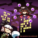  2girls :3 =_= black_bow black_cloak black_footwear bow bow_hairband brown_hair building chibi cloak cloud cloudy_sky commentary_request english_text floating ghost glasses green_skirt green_vest hairband hat hat_bow hitodama kashuu_(b-q) konpaku_youmu konpaku_youmu_(ghost) multiple_girls night occult_ball outdoors plaid plaid_skirt plaid_vest purple_skirt purple_vest runes shirt skirt sky touhou two-sided_cloak two-sided_fabric usami_sumireko vest white_bow white_hair white_shirt 
