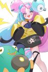  1girl absurdres asymmetrical_legwear bangs bare_shoulders bellibolt black_jacket blue_hair blush_stickers bow-shaped_hair character_hair_ornament grey_shirt hair_ornament hexagon_print higashigure highres iono_(pokemon) jacket light_blue_hair lightning_bolt_symbol long_sleeves magnemite mismatched_legwear multicolored_clothes multicolored_hair multicolored_jacket open_mouth oversized_clothes pink_eyes pink_hair pokemon pokemon_(creature) pokemon_(game) pokemon_sv sharp_teeth shirt simple_background sleeveless sleeveless_shirt sleeves_past_fingers sleeves_past_wrists solo split-color_hair teeth thigh_strap two-tone_hair two-tone_jacket very_long_sleeves white_background x yellow_jacket 