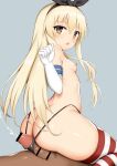  1boy 1girl ass bangs bar_censor black_hairband black_pants blonde_hair breasts buttjob censored cum dark-skinned_male dark_skin ejaculation elbow_gloves gloves grey_background grinding hairband kantai_collection long_hair looking_at_viewer nipples open_mouth pants penis red_thighhighs shimakaze_(kancolle) simple_background small_breasts solo_focus striped striped_thighhighs thighhighs toshishikisai white_gloves white_thighhighs yellow_eyes 