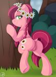  2017 alternate_species anatomically_correct anatomically_correct_anus anatomically_correct_genitalia anatomically_correct_pussy anus bedroom_eyes braided_hair butt cutie_mark daisy_(flower) digital_media_(artwork) dock earth_pony equestria_girls equid equine eyelashes female feral flower flower_crown freckles genitals gloriosa_daisy_(eg) grass green_eyes hair hasbro hi_res horse leaning_on_tree looking_back mammal my_little_pony narrowed_eyes outside patreon pearlyiridescence pink_body plant ponification pony presenting pussy raised_leg red_hair red_tail seductive shrub smile solo text tree url 
