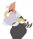  anthro big_breasts bodily_fluids breasts cleavage clothed clothing cooliehigh female fletchinder generation_6_pokemon hi_res huge_breasts nintendo pokemon pokemon_(species) simple_background solo sweat video_games white_background 