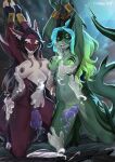  anthro aurora_(kamikazekit) black_hair black_sclera bound breast_grab breast_squish breasts clothing_on_floor disembodied_hand disembodied_penis duo ear_piercing female female_penetrated fin fin_piercing fish furgonomics furry-specific_piercing genitals ghost_hands green_body green_eyes hair hand_on_breast hands_above_head hands_tied hi_res kammi-lu kneeling male marine markings maroon_body multicolored_hair multicolored_markings nipples nude orange_eyes penetration penis piercing red_body rose_(kamikazekit) shark squish translucent translucent_penis vaginal vaginal_penetration 