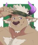  1boy adjusting_clothes adjusting_headwear animal_ears animal_nose bara border brown_fur camouflage camouflage_headwear chest_hair commentary_request cow_ears cow_horns facial_hair furry furry_male goatee green_background headband highres horns male_focus minotaur muscular muscular_male outside_border purple_eyes purple_horns shennong_(housamo) shirotoki_(qdng0atngbaqmce) short_hair smirk solo sweatdrop thick_eyebrows tokyo_afterschool_summoners upper_body white_border white_hair 