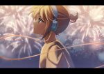  1boy absurdres blonde_hair blue_eyes cable fire_flower_(vocaloid) fireworks from_side headphones highres kagamine_len light_particles looking_afar looking_up night night_sky parted_lips profile shirt short_ponytail sidelocks sky solo t-shirt tsumurimai vocaloid 