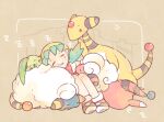  1girl ampharos aqua_hair chikorita closed_eyes flaaffy hat katiko kris_(pokemon) mareep medium_hair motion_lines multicolored_footwear no_nose pokemon pokemon_(creature) pokemon_(game) pokemon_gsc shoes sleeping yellow_headwear zzz 