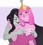  2girls adventure_time areola_slip aroused black_nails blush breast_grab breasts colored_skin dress fangs grabbing grey_skin highres large_breasts long_hair marceline_abadeer multiple_girls o3o open_mouth pink_hair pink_skin pointy_ears princess_bonnibel_bubblegum riz smile sweat upper_body vampire very_long_hair yuri 