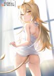  1girl :/ ahoge animal_ears ass bare_shoulders blonde_hair blush bow closed_mouth clothes_lift cowboy_shot curtains dress dress_lift frilled_dress frills halter_dress halterneck highres indie_virtual_youtuber lifted_by_self lion_girl lion_tail lo_xueming looking_at_viewer looking_back panties patreon_username rurudo_lion see-through shoulder_blades side-tie_panties sleeveless sleeveless_dress solo string_panties tail thighs underwear white_bow white_panties window yellow_eyes 