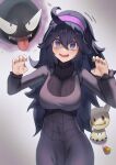  1girl :d @_@ bangs black_hair breasts claw_pose commentary_request cowlick dress gastly grey_background hair_between_eyes hairband hands_up hex_maniac_(pokemon) highres long_hair long_sleeves looking_at_viewer mimikyu nail_polish notdes1re_(tbot7) open_mouth pokemon pokemon_(creature) pokemon_(game) pokemon_xy purple_hairband smile 