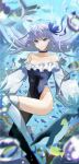  1girl absurdres animal bird blue_choker blue_eyes blue_one-piece_swimsuit blue_ribbon bubble choker collarbone commentary_request fate/grand_order fate_(series) fish floating_hair frilled_swimsuit frills hair_ribbon highleg highleg_swimsuit highres long_hair looking_at_viewer meltryllis_(fate) meltryllis_(swimsuit_lancer)_(fate) meltryllis_(swimsuit_lancer)_(second_ascension)_(fate) minoe08 off-shoulder_one-piece_swimsuit off_shoulder penguin prosthesis prosthetic_leg purple_hair ribbon smile solo swimsuit thighs twitter_username underwater water white_sleeves 