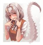  159cm 1girl black_ribbon blush brown_eyes brown_horns brown_nails brown_scales brown_vest frilled_sleeves frills grey_background grey_hair hands_up horns index_finger_raised looking_at_viewer neck_ribbon original ribbon sharp_teeth shirt short_hair short_sleeves simple_background smile solo tail teeth upper_body vest white_shirt wristband 