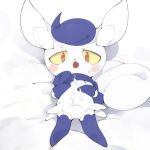  anthro blush bodily_fluids cum cum_on_body female generation_6_pokemon genital_fluids hi_res looking_at_viewer lying meowstic nintendo open_mouth pokemon pokemon_(species) simple_background solo video_games white_background white_body yellow_eyes youjomodoki 