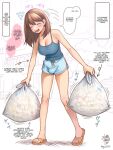  1girl bag blue_shirt blue_shorts blush breasts brown_hair bulge cleavage condom daisy_mitsumata dated dolphin_shorts english_text erection erection_under_clothes flying_sweatdrops full_body futanari hard_translated holding holding_bag large_breasts leaning_forward multiple_condoms non-web_source open_mouth original outdoors partially_colored shirt shorts signature slippers solo speech_bubble sweatdrop tank_top third-party_edit too_many translated trash_bag used_condom used_tissue walking 