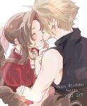  1boy 1girl aerith_gainsborough arm_around_back bandaged_arm bandages bangs blonde_hair blush braid braided_ponytail brown_hair character_name closed_eyes cloud_strife dated final_fantasy final_fantasy_vii final_fantasy_vii_remake hair_ribbon hand_on_another&#039;s_shoulder happy_birthday highres jewelry long_hair necklace nitijoy2 parted_bangs pink_ribbon ribbon short_hair sidelocks sleeveless sleeveless_turtleneck smile spiked_hair turtleneck white_background 