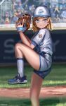  1girl absurdres alternate_costume anonamos ball baseball baseball_cap baseball_mitt baseball_stadium baseball_uniform blonde_hair blue_eyes blush crowd foot_out_of_frame grass grin hat highres holding holding_ball hololive leg_up people pitching shoes short_hair short_shorts short_sleeves shorts smile sneakers socks solo sportswear standing standing_on_one_leg thighs virtual_youtuber watson_amelia 