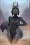  2022 anthro anubian_jackal black_body black_fur black_hair breasts canid canine canis clothed clothing female fur green_eyes hair hi_res jackal jewelry looking_at_viewer mammal narrowed_eyes necklace nightshade_(kadath) skygracer solo teeth waist_accessory 