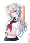  1girl alternate_costume armpits arms_behind_head bangs blue_hair blush cropped_torso ebifurya fake_horns grey_eyes grey_hair hair_between_eyes highres horns i-203_(kancolle) kantai_collection long_hair navel neckerchief one-hour_drawing_challenge open_mouth parted_lips pleated_skirt sailor_collar school_uniform serafuku shirt simple_background skirt solo twitter_username white_background 