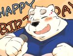  2022 anthro black_nose blue_eyes blush clothing humanoid_hands kemono kumazawow male mammal microphone one_eye_closed overweight overweight_male polar_bear shirane_kan shirt solo text topwear ursid ursine utau white_body wink 