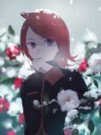  1boy bangs black_jacket commentary_request cowlick flower grey_eyes hand_up highres jacket long_hair long_sleeves male_focus open_mouth pokemon pokemon_(game) pokemon_gsc red_flower red_hair silver_(pokemon) snow snowing solo todo_(wthmw) upper_body white_flower 