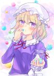  1girl :t absurdres blonde_hair blush bow candy commentary_request dress eating food frilled_shirt_collar frilled_sleeves frills hat highres holding holding_jar jar konpeitou long_sleeves looking_at_viewer maribel_hearn mob_cap purple_dress purple_eyes red_ribbon ribbon solo star_(sky) teruteruyohou touhou translation_request upper_body white_background white_bow white_headwear 
