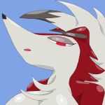  absurd_res anthro big_breasts blue_background breasts female fur generation_7_pokemon grey_body grey_fur hi_res looking_at_viewer looking_down lycanroc midnight_lycanroc nintendo pokemon pokemon_(species) red_body red_eyes red_fur simple_background solo tagme video_games wooperanon 