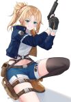  1girl absurdres alternate_costume bangs black_gloves black_thighhighs blonde_hair blue_jacket boots brown_footwear commentary commission denim denim_shorts fate/apocrypha fate_(series) fur-trimmed_jacket fur_trim gloves green_eyes grin gun handgun highres holding holding_gun holding_weapon jacket long_hair looking_at_viewer mordred_(fate) mordred_(fate/apocrypha) navel open_clothes open_jacket ponytail rynzfrancis shirt short_shorts shorts simple_background smile solo thighhighs thighs weapon white_background white_shirt 
