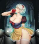  1girl apple blue_eyes breasts bustier cleavage cosplay food forest fruit grimm&#039;s_fairy_tales hair_between_eyes hairband highres holding holding_food holding_fruit large_breasts leotard looking_at_viewer mystra77 nature nier_(series) nier_automata night open_mouth puffy_short_sleeves puffy_sleeves red_apple red_hairband red_lips robot short_hair short_sleeves side_slit snow_white_(grimm) snow_white_(grimm)_(cosplay) solo thighhighs white_hair white_leotard white_thighhighs yorha_no._2_type_b 