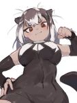  &gt;:) 1girl alternate_breast_size animal_ears antenna_hair arm_up bangs breasts brown_eyes brown_hair brown_one-piece_swimsuit clenched_hand closed_mouth covered_navel elbow_gloves fingerless_gloves from_below front_zipper_swimsuit giant_otter_(kemono_friends) gloves hand_on_hip head_tilt highres kemono_friends large_breasts long_hair looking_at_viewer meme_attire multicolored_hair noor7 one-piece_swimsuit otter_ears otter_girl otter_tail sketch smile solo swimsuit tail tan two-tone_hair two-tone_swimsuit upper_body v-shaped_eyebrows white_hair zipper 