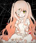  1girl bangs blunt_bangs blush cowboy_shot dress finger_to_mouth flower flower_over_eye frilled_dress frills green_eyes hair_flower hair_ornament highres kirakishou long_hair long_sleeves looking_at_viewer parted_lips rose rozen_maiden silk sitting solo spider_web takae_(poupee_en_biscuit) thighhighs white_dress white_flower white_rose white_thighhighs 