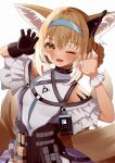  1girl ;d absurdres animal_ear_fluff animal_ears arknights bangs bare_shoulders black_gloves blue_hairband blush braid breasts brown_eyes brown_hair commentary_request fang fox_ears fox_girl fox_tail gloves grey_background hair_between_eyes hair_rings hairband hands_up highres looking_at_viewer one_eye_closed purple_skirt shirt sidelocks simple_background single_glove skirt small_breasts smile solo suzuran_(arknights) tail twin_braids un_true white_shirt 