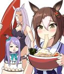  3girls =_= ai_drawing_anime_characters_eating_ramen_(meme) animal_ears bangs bare_shoulders black_one-piece_swimsuit blush bow bowl bowtie breasts brown_hair cake cleavage clover_hair_ornament commentary crying ear_ribbon eating final_fantasy final_fantasy_vii fine_motion_(umamusume) food gold_ship_(run_revolt_launcher)_(umamusume) gold_ship_(umamusume) hair_bun hair_intakes hair_ornament hair_ribbon holding holding_bowl holding_surfboard horse_ears horse_girl large_breasts long_hair looking_at_viewer mejiro_mcqueen_(umamusume) meme multicolored_hair multiple_girls purple_bow purple_bowtie purple_hair purple_serafuku purple_shirt ribbon sailor_collar sailor_shirt school_uniform sephiroth serafuku shirt single_hair_bun surfboard swept_bangs swimsuit tenten_(chan4545) tracen_school_uniform two-tone_hair umamusume white_hair yellow_eyes 