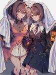  2girls alternate_costume bangs black_skirt breasts brown_hair commentary delta_(063k1z5shio) dress hair_between_eyes halloween halloween_costume high-waist_skirt highres holding holding_lantern hyuuga_(kancolle) ise_(kancolle) kantai_collection lantern large_breasts looking_at_viewer multiple_girls necktie orange_dress ponytail red_eyes short_hair simple_background skirt symbol-only_commentary 