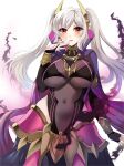  1girl absurdres aura black_gloves bodystocking breasts bridal_gauntlets clothing_cutout covered_navel cowboy_shot dark_aura dark_persona eyes_of_grima fire_emblem fire_emblem_awakening fire_emblem_cipher fire_emblem_heroes gloves grey_hair grima_(fire_emblem) hand_tattoo highres large_breasts looking_at_viewer official_alternate_costume red_eyes robin_(fire_emblem) robin_(fire_emblem)_(female) simple_background smile solo tara_(szzj7733) tattoo twintails v-shaped_eyebrows white_background 