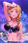  1girl ayase_eli bikini birthday blonde_hair blue_eyes blush braid breasts cleavage collarbone commentary earrings fireworks hair_ornament highres jewelry jyon large_breasts looking_at_viewer love_live! love_live!_school_idol_project navel necklace night night_sky sky solo swimsuit water 