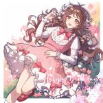  1girl :d animal_ears arknights blush bow brown_hair commentary_request dress eyjafjalla_(arknights) flower frilled_dress frills hand_up happy_birthday highres horns juliet_sleeves long_hair long_sleeves lying on_back pink_bow pink_dress pink_flower puffy_sleeves red_eyes red_footwear sheep_ears sheep_girl sheep_horns shirt shoes smile socks solo teeth upper_teeth very_long_hair white_flower white_shirt white_socks xianchuanyu 