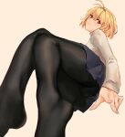  1girl arcueid_brunestud black_pantyhose blonde_hair blue_skirt breasts feet_out_of_frame hair_between_eyes hair_intakes highres laio light_blush long_sleeves looking_at_viewer melty_blood melty_blood:_type_lumina pantyhose pleated_skirt red_eyes short_hair skirt smile solo sweater tsukihime turtleneck turtleneck_sweater type-moon white_sweater yellow_background 
